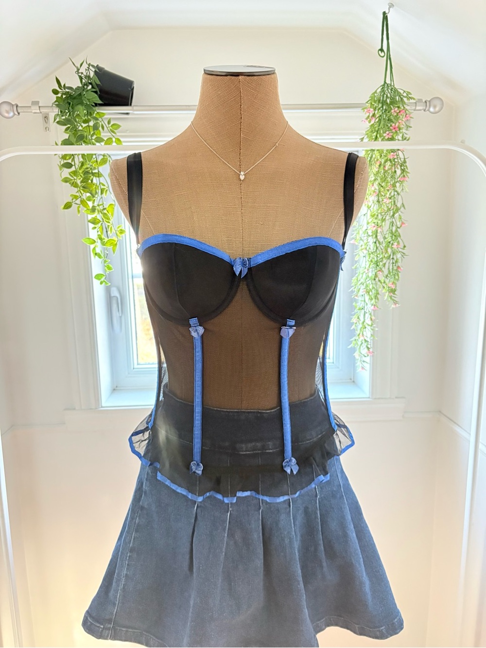 Mesh Black Corset with Blue Trim